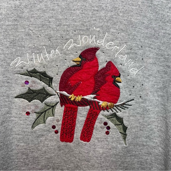 Vintage Embroidered Redbirds Christmas Sweatshirt size XL M&C Gray Crewneck - Picture 2 of 5